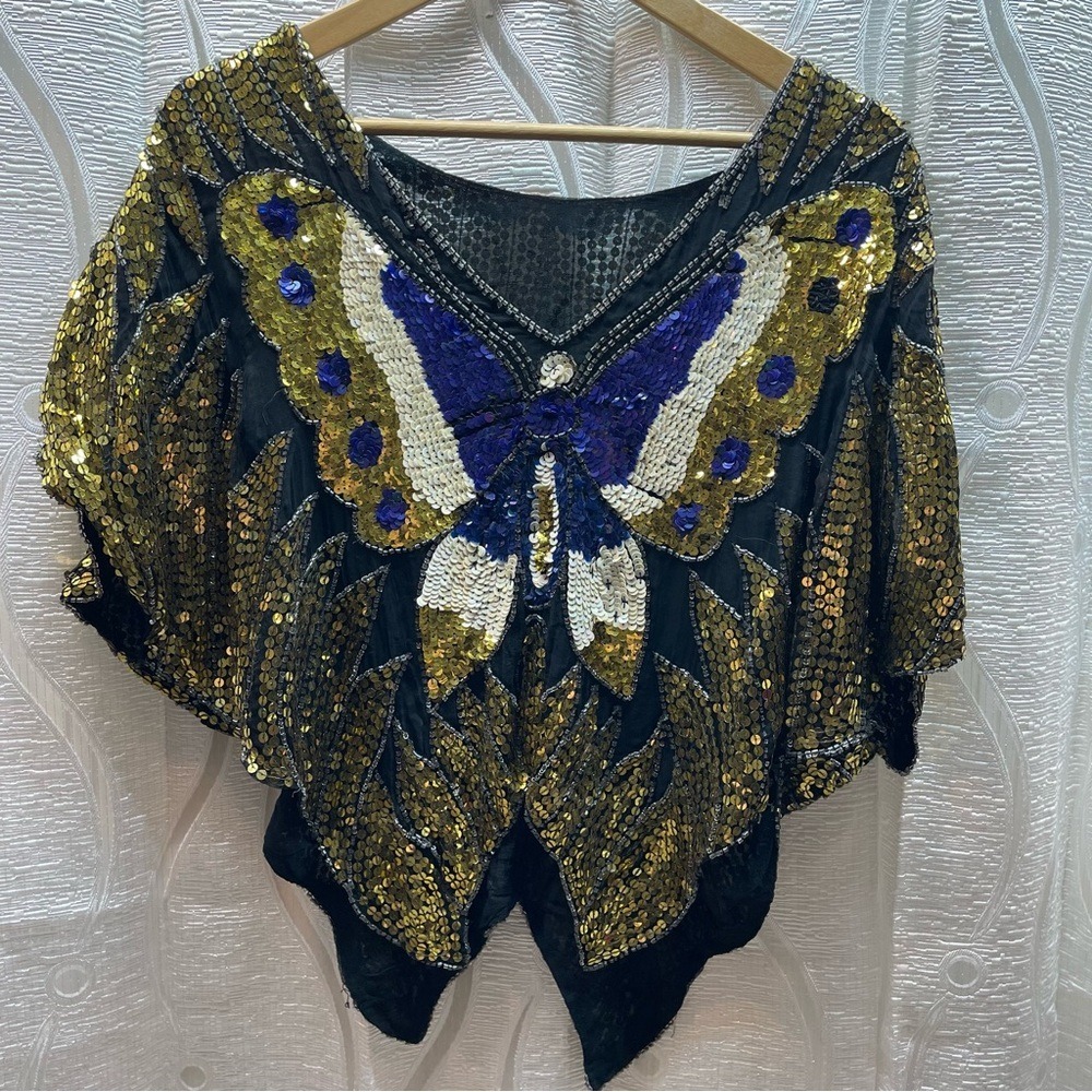 Vintage Europeen‎ Stunning Butterfly Sequin Beaded Cape Top Blouse Gold Purple